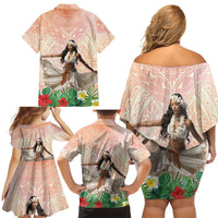 Woman Polynesian Tattoos Family Matching Off Shoulder Short Dress and Hawaiian Shirt Tropical Flower - Peach Fuzz Color LT03 - Polynesian Pride