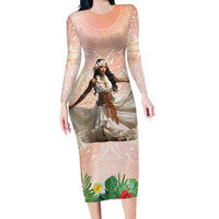 Woman Polynesian Tattoos Long Sleeve Bodycon Dress Tropical Flower - Peach Fuzz Color LT03 Long Dress Peach Fuzz - Polynesian Pride