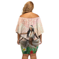Woman Polynesian Tattoos Off Shoulder Short Dress Tropical Flower - Peach Fuzz Color LT03 - Polynesian Pride