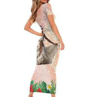 Woman Polynesian Tattoos Short Sleeve Bodycon Dress Tropical Flower - Peach Fuzz Color LT03 - Polynesian Pride