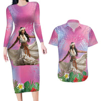 Woman Polynesian Tattoos Couples Matching Long Sleeve Bodycon Dress and Hawaiian Shirt Tropical Flower - Sweets Vibrant Color LT03 Vibrant Gradient - Polynesian Pride