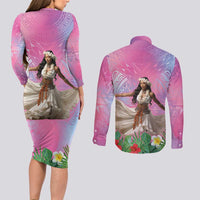 Woman Polynesian Tattoos Couples Matching Long Sleeve Bodycon Dress and Long Sleeve Button Shirt Tropical Flower - Sweets Vibrant Color LT03 - Polynesian Pride