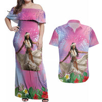 Woman Polynesian Tattoos Couples Matching Off Shoulder Maxi Dress and Hawaiian Shirt Tropical Flower - Sweets Vibrant Color LT03 Vibrant Gradient - Polynesian Pride