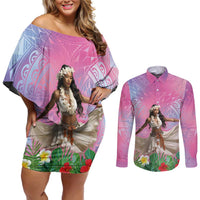 Woman Polynesian Tattoos Couples Matching Off Shoulder Short Dress and Long Sleeve Button Shirt Tropical Flower - Sweets Vibrant Color LT03 Vibrant Gradient - Polynesian Pride
