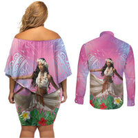 Woman Polynesian Tattoos Couples Matching Off Shoulder Short Dress and Long Sleeve Button Shirt Tropical Flower - Sweets Vibrant Color LT03 - Polynesian Pride