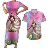 Woman Polynesian Tattoos Couples Matching Short Sleeve Bodycon Dress and Hawaiian Shirt Tropical Flower - Sweets Vibrant Color LT03 Vibrant Gradient - Polynesian Pride