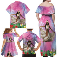 Woman Polynesian Tattoos Family Matching Off Shoulder Maxi Dress and Hawaiian Shirt Tropical Flower - Sweets Vibrant Color LT03 - Polynesian Pride