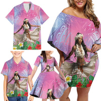 Woman Polynesian Tattoos Family Matching Off Shoulder Short Dress and Hawaiian Shirt Tropical Flower - Sweets Vibrant Color LT03 - Polynesian Pride
