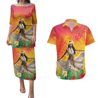 Woman Polynesian Tattoos Couples Matching Puletasi and Hawaiian Shirt Tropical Flower - Vibrant Hot Color LT03 Vibrant Gradient - Polynesian Pride
