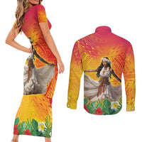Woman Polynesian Tattoos Couples Matching Short Sleeve Bodycon Dress and Long Sleeve Button Shirt Tropical Flower - Vibrant Hot Color LT03 - Polynesian Pride