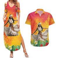 Woman Polynesian Tattoos Couples Matching Summer Maxi Dress and Hawaiian Shirt Tropical Flower - Vibrant Hot Color LT03 Vibrant Gradient - Polynesian Pride