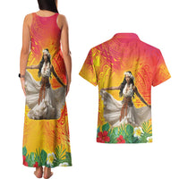 Woman Polynesian Tattoos Couples Matching Tank Maxi Dress and Hawaiian Shirt Tropical Flower - Vibrant Hot Color LT03 - Polynesian Pride