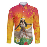Woman Polynesian Tattoos Family Matching Puletasi and Hawaiian Shirt Tropical Flower - Vibrant Hot Color LT03 Dad's Shirt - Long Sleeve Vibrant Gradient - Polynesian Pride