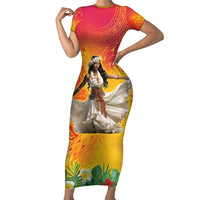 Woman Polynesian Tattoos Family Matching Short Sleeve Bodycon Dress and Hawaiian Shirt Tropical Flower - Vibrant Hot Color LT03 Mom's Dress Vibrant Gradient - Polynesian Pride