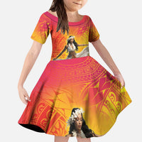 Woman Polynesian Tattoos Kid Short Sleeve Dress Tropical Flower - Vibrant Hot Color LT03 KID Vibrant Gradient - Polynesian Pride