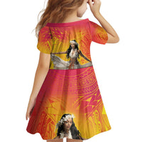 Woman Polynesian Tattoos Kid Short Sleeve Dress Tropical Flower - Vibrant Hot Color LT03 - Polynesian Pride
