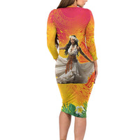 Woman Polynesian Tattoos Long Sleeve Bodycon Dress Tropical Flower - Vibrant Hot Color LT03 - Polynesian Pride