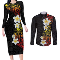 Plumeria Couples Matching Long Sleeve Bodycon Dress and Long Sleeve Button Shirt Polynesian Tribal Frangipani Sunset LT03 Black - Polynesian Pride