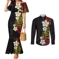 Plumeria Couples Matching Mermaid Dress and Long Sleeve Button Shirt Polynesian Tribal Frangipani Sunset LT03 Black - Polynesian Pride