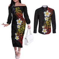 Plumeria Couples Matching Off The Shoulder Long Sleeve Dress and Long Sleeve Button Shirt Polynesian Tribal Frangipani Sunset LT03 Black - Polynesian Pride