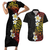 Plumeria Couples Matching Short Sleeve Bodycon Dress and Hawaiian Shirt Polynesian Tribal Frangipani Sunset LT03 Black - Polynesian Pride