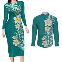 Plumeria Couples Matching Long Sleeve Bodycon Dress and Long Sleeve Button Shirt Polynesian Tribal Frangipani Teal LT03 Teal - Polynesian Pride