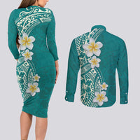 Plumeria Couples Matching Long Sleeve Bodycon Dress and Long Sleeve Button Shirt Polynesian Tribal Frangipani Teal LT03 - Polynesian Pride