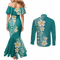 Plumeria Couples Matching Mermaid Dress and Long Sleeve Button Shirt Polynesian Tribal Frangipani Teal LT03 - Polynesian Pride