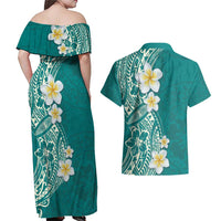Plumeria Couples Matching Off Shoulder Maxi Dress and Hawaiian Shirt Polynesian Tribal Frangipani Teal LT03 - Polynesian Pride