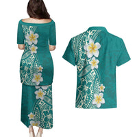 Plumeria Couples Matching Puletasi and Hawaiian Shirt Polynesian Tribal Frangipani Teal LT03 - Polynesian Pride