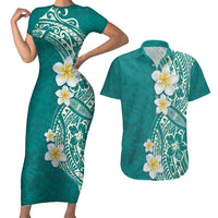 Plumeria Couples Matching Short Sleeve Bodycon Dress and Hawaiian Shirt Polynesian Tribal Frangipani Teal LT03 Teal - Polynesian Pride
