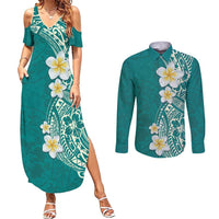 Plumeria Couples Matching Summer Maxi Dress and Long Sleeve Button Shirt Polynesian Tribal Frangipani Teal LT03 Teal - Polynesian Pride