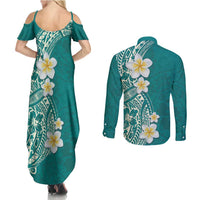 Plumeria Couples Matching Summer Maxi Dress and Long Sleeve Button Shirt Polynesian Tribal Frangipani Teal LT03 - Polynesian Pride