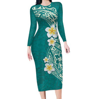 Plumeria Family Matching Long Sleeve Bodycon Dress and Hawaiian Shirt Polynesian Tribal Frangipani Teal LT03 Mom's Dress Teal - Polynesian Pride
