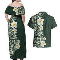 Plumeria Couples Matching Off Shoulder Maxi Dress and Hawaiian Shirt Polynesian Tribal Frangipani Green LT03 - Polynesian Pride