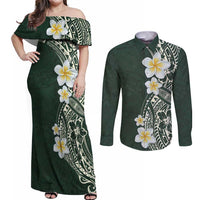 Plumeria Couples Matching Off Shoulder Maxi Dress and Long Sleeve Button Shirt Polynesian Tribal Frangipani Green LT03 Green - Polynesian Pride