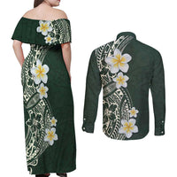 Plumeria Couples Matching Off Shoulder Maxi Dress and Long Sleeve Button Shirt Polynesian Tribal Frangipani Green LT03 - Polynesian Pride