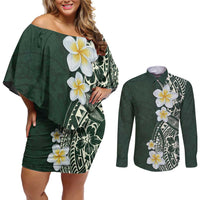 Plumeria Couples Matching Off Shoulder Short Dress and Long Sleeve Button Shirt Polynesian Tribal Frangipani Green LT03 Green - Polynesian Pride