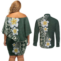 Plumeria Couples Matching Off Shoulder Short Dress and Long Sleeve Button Shirt Polynesian Tribal Frangipani Green LT03 - Polynesian Pride