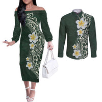 Plumeria Couples Matching Off The Shoulder Long Sleeve Dress and Long Sleeve Button Shirt Polynesian Tribal Frangipani Green LT03 Green - Polynesian Pride