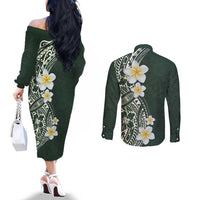 Plumeria Couples Matching Off The Shoulder Long Sleeve Dress and Long Sleeve Button Shirt Polynesian Tribal Frangipani Green LT03 - Polynesian Pride