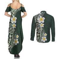 Plumeria Couples Matching Summer Maxi Dress and Long Sleeve Button Shirt Polynesian Tribal Frangipani Green LT03 - Polynesian Pride