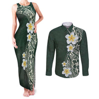 Plumeria Couples Matching Tank Maxi Dress and Long Sleeve Button Shirt Polynesian Tribal Frangipani Green LT03 Green - Polynesian Pride