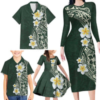 Plumeria Family Matching Long Sleeve Bodycon Dress and Hawaiian Shirt Polynesian Tribal Frangipani Green LT03 - Polynesian Pride