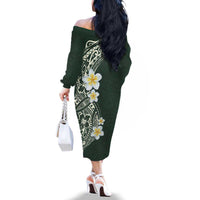 Plumeria Family Matching Off The Shoulder Long Sleeve Dress and Hawaiian Shirt Polynesian Tribal Frangipani Green LT03 - Polynesian Pride