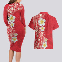 Plumeria Couples Matching Long Sleeve Bodycon Dress and Hawaiian Shirt Polynesian Tribal Frangipani Red LT03 - Polynesian Pride