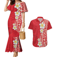 Plumeria Couples Matching Mermaid Dress and Hawaiian Shirt Polynesian Tribal Frangipani Red LT03 Red - Polynesian Pride