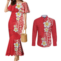 Plumeria Couples Matching Mermaid Dress and Long Sleeve Button Shirt Polynesian Tribal Frangipani Red LT03 Red - Polynesian Pride