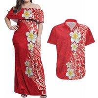 Plumeria Couples Matching Off Shoulder Maxi Dress and Hawaiian Shirt Polynesian Tribal Frangipani Red LT03 Red - Polynesian Pride