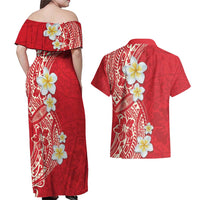 Plumeria Couples Matching Off Shoulder Maxi Dress and Hawaiian Shirt Polynesian Tribal Frangipani Red LT03 - Polynesian Pride